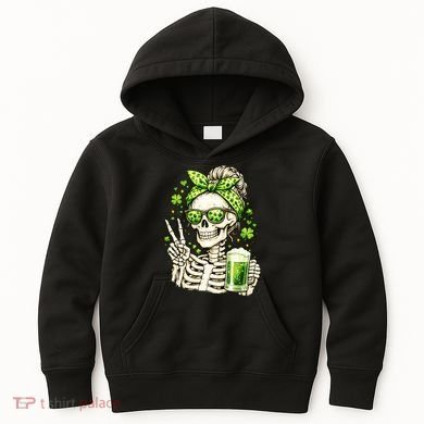 Irish Skeleton Messy Bun St Patrick's Day Kids Hoodie