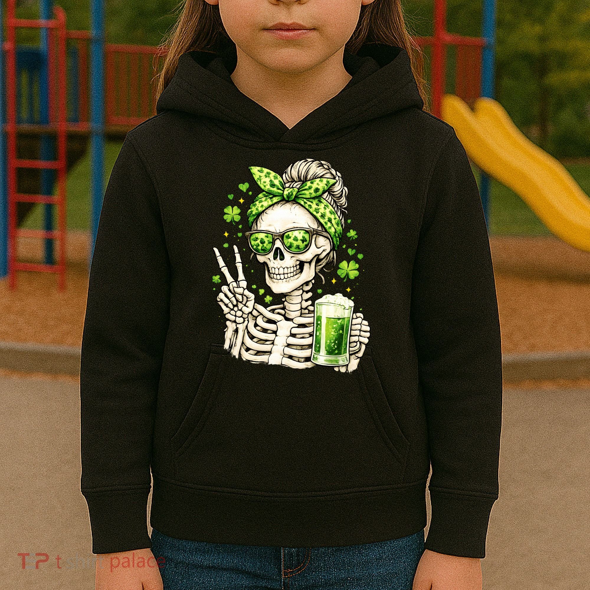 Irish Skeleton Messy Bun St Patrick's Day Kids Hoodie