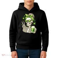 Irish Skeleton Messy Bun St Patrick's Day Kids Hoodie thumb 4