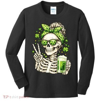 Irish Skeleton Messy Bun St Patrick's Day Kids Long Sleeve Shirt
