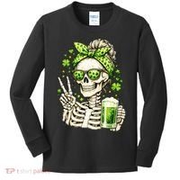 Irish Skeleton Messy Bun St Patrick's Day Kids Long Sleeve Shirt thumb 0