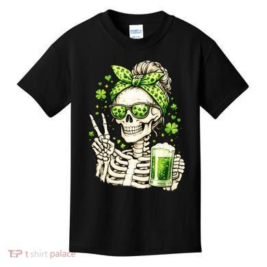 Irish Skeleton Messy Bun St Patrick's Day Kids T-Shirt
