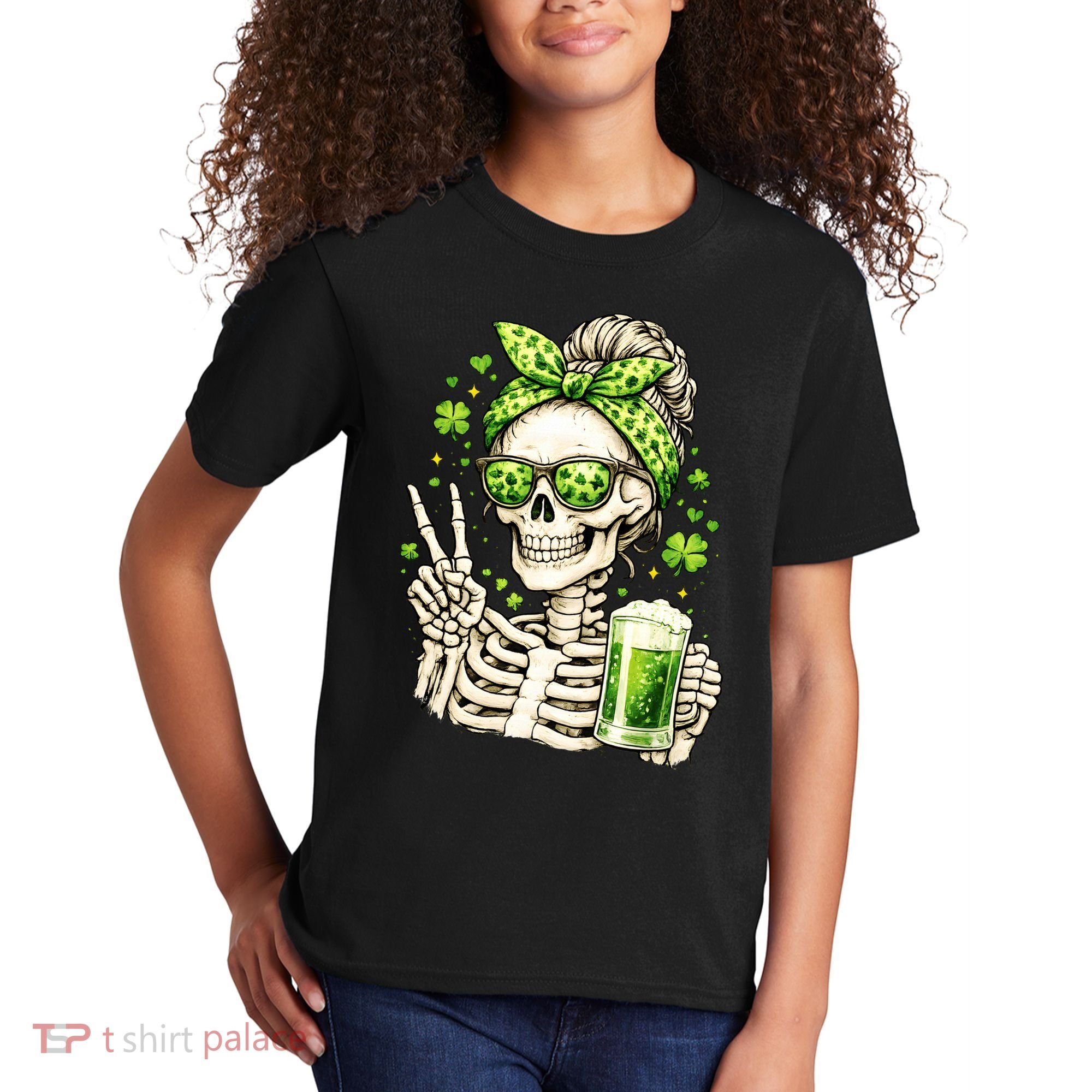 Irish Skeleton Messy Bun St Patrick's Day Kids T-Shirt