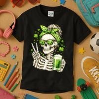 Irish Skeleton Messy Bun St Patrick's Day Kids T-Shirt thumb 3