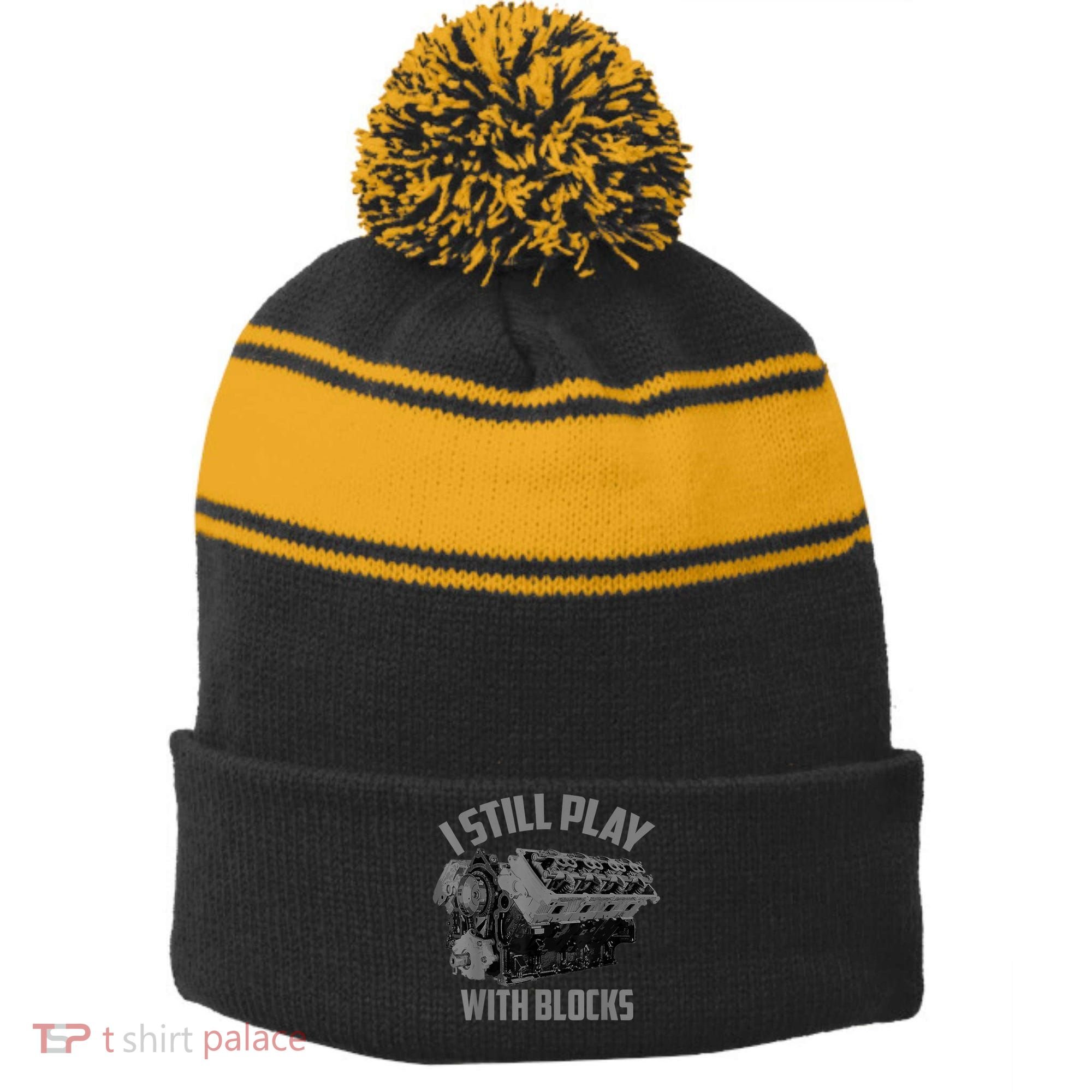 I Still Play With Blocks Racing Maintenance Man Gift Stripe Pom Pom Beanie