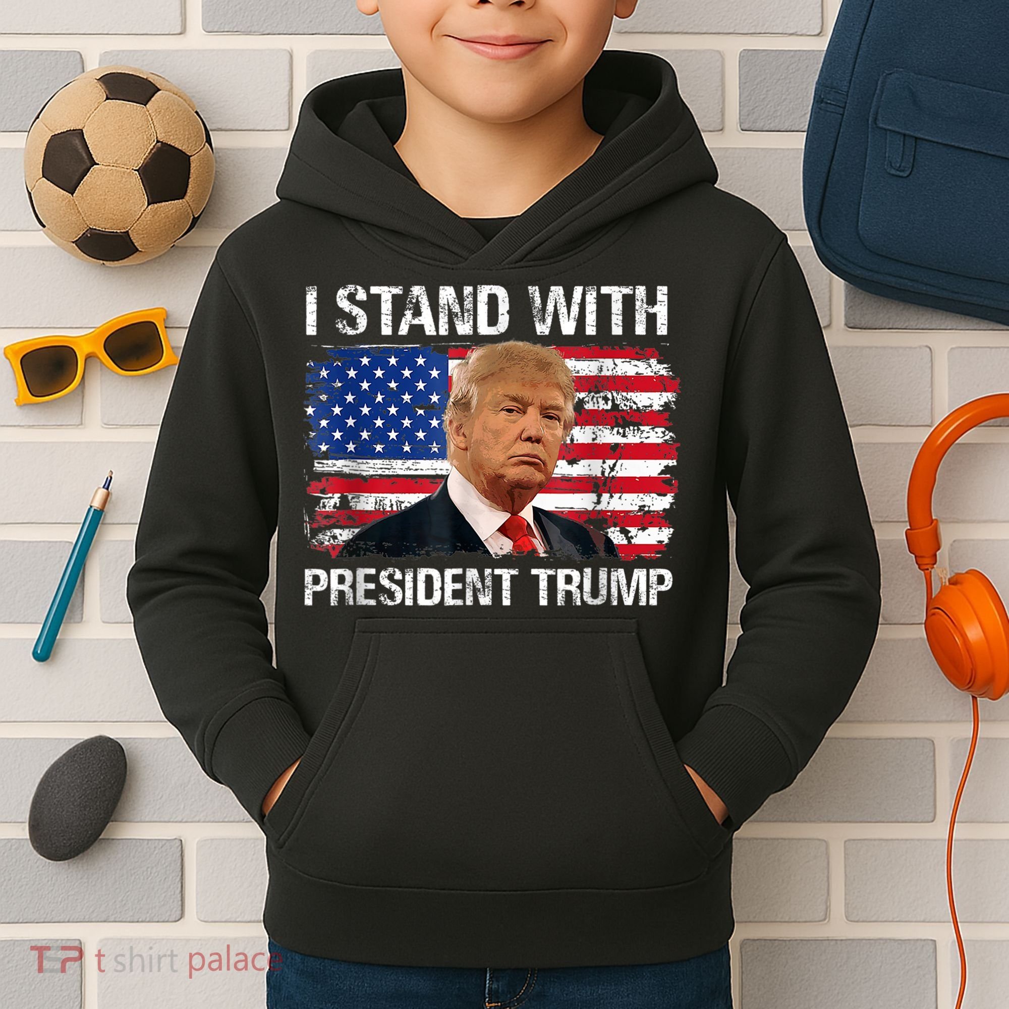I Stand President Trump American Flag Trump 2024 Kids Hoodie