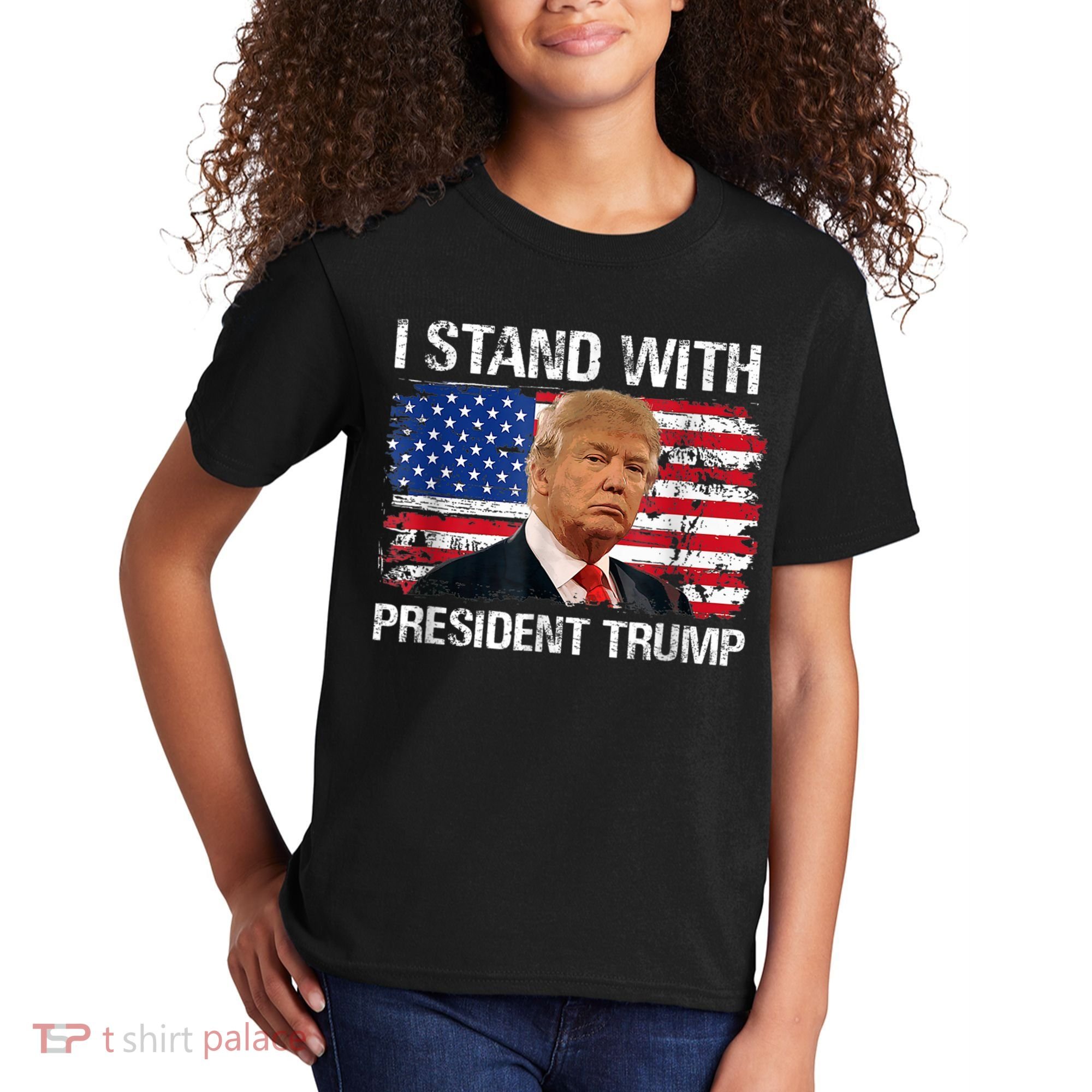 I Stand President Trump American Flag Trump 2024 Kids T-Shirt
