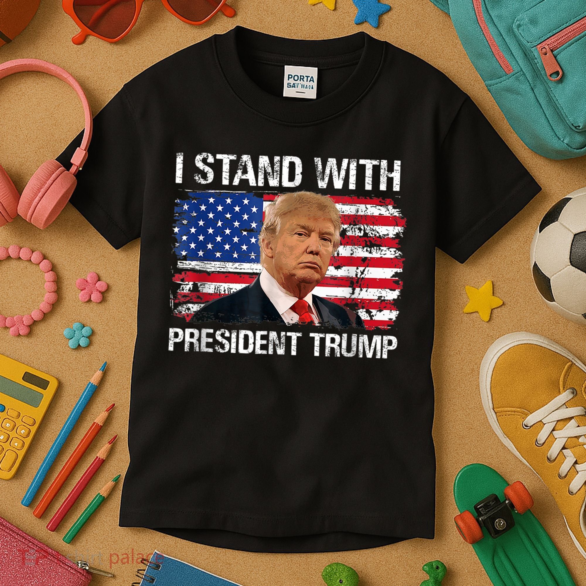 I Stand President Trump American Flag Trump 2024 Kids T-Shirt