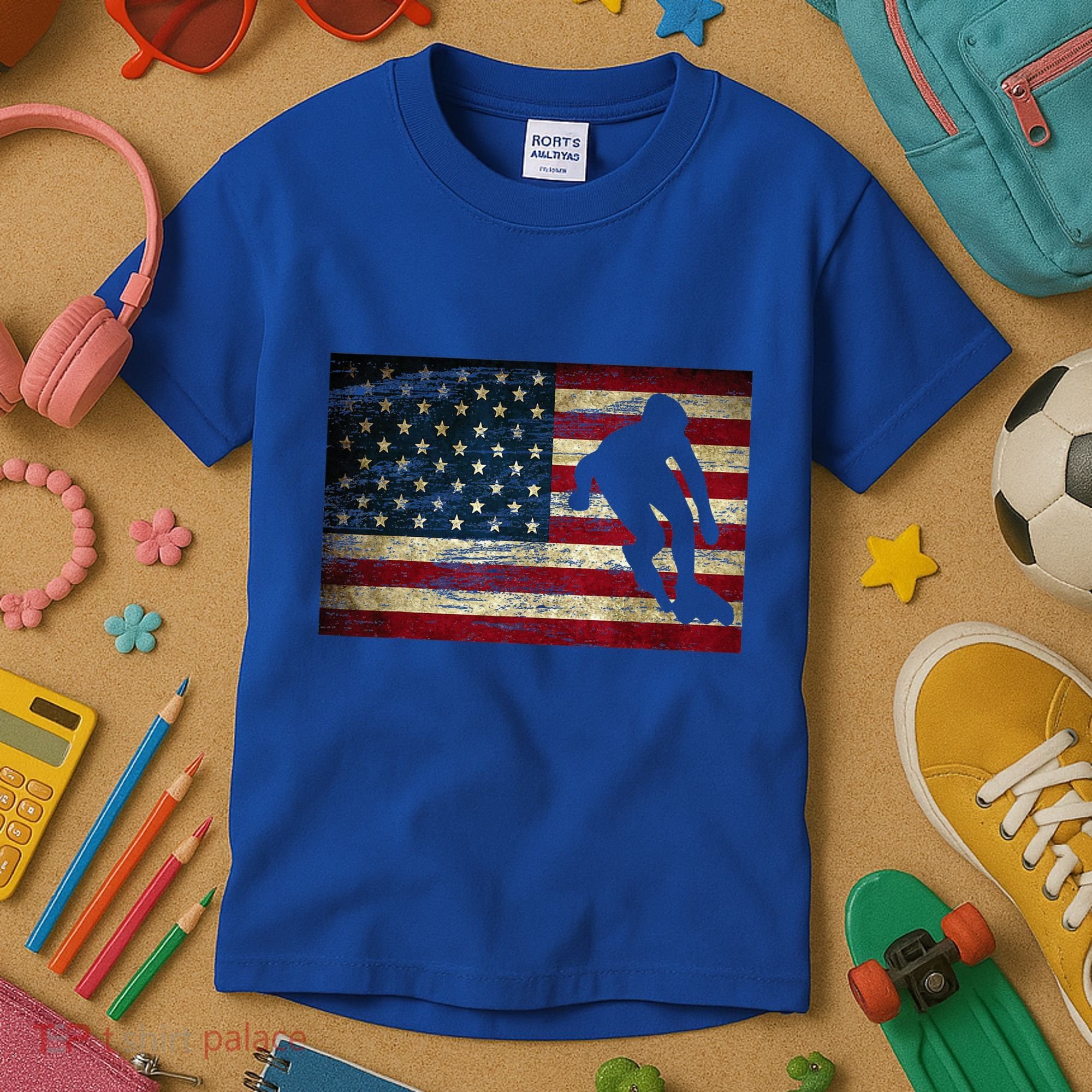 Inline Speed Skating American Flag Roller Blading Kids T-Shirt