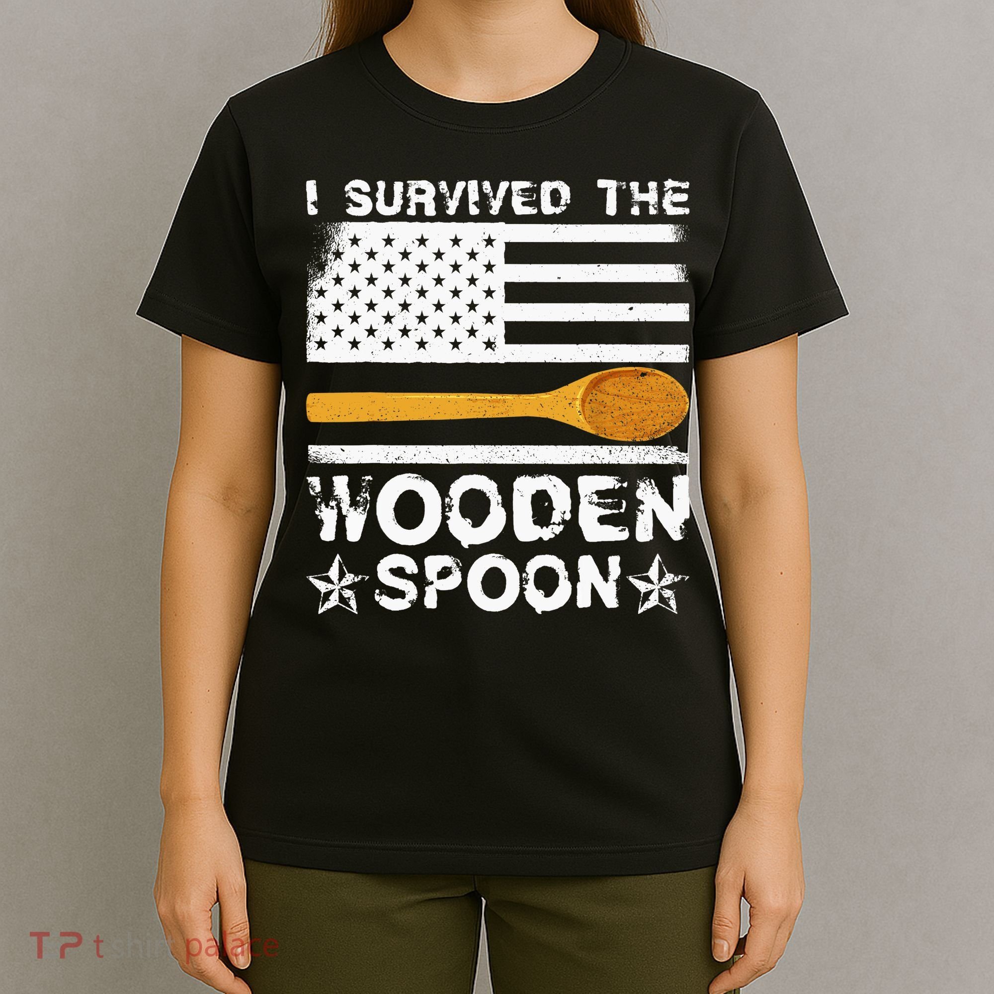 I Survived The Wooden Spoon American Flag Funny Adult Humor T-Shirt