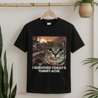 I Survived TodayS Tummy Ache Funny Cat Meme T-Shirt thumb 2