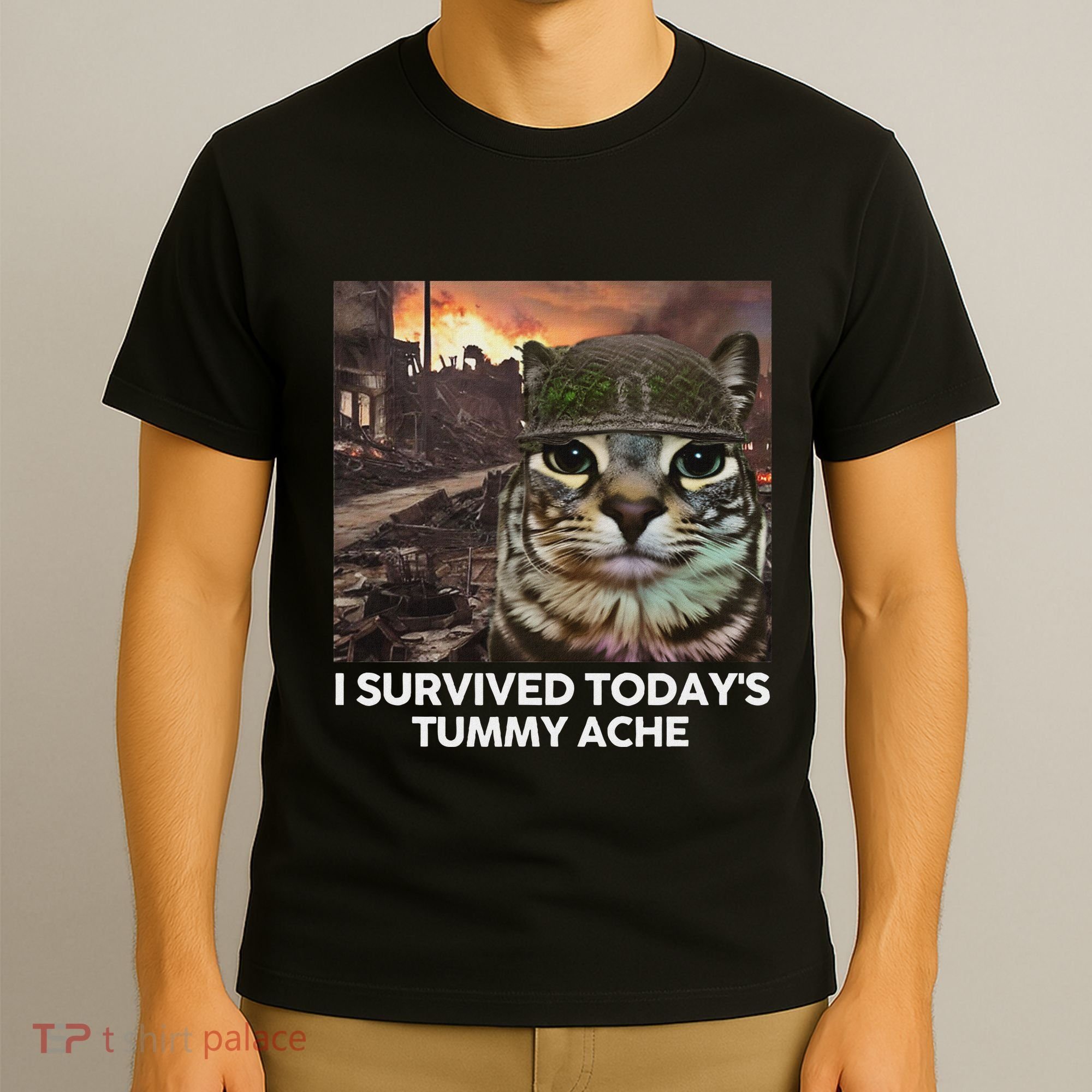 I Survived TodayS Tummy Ache Funny Cat Meme T-Shirt