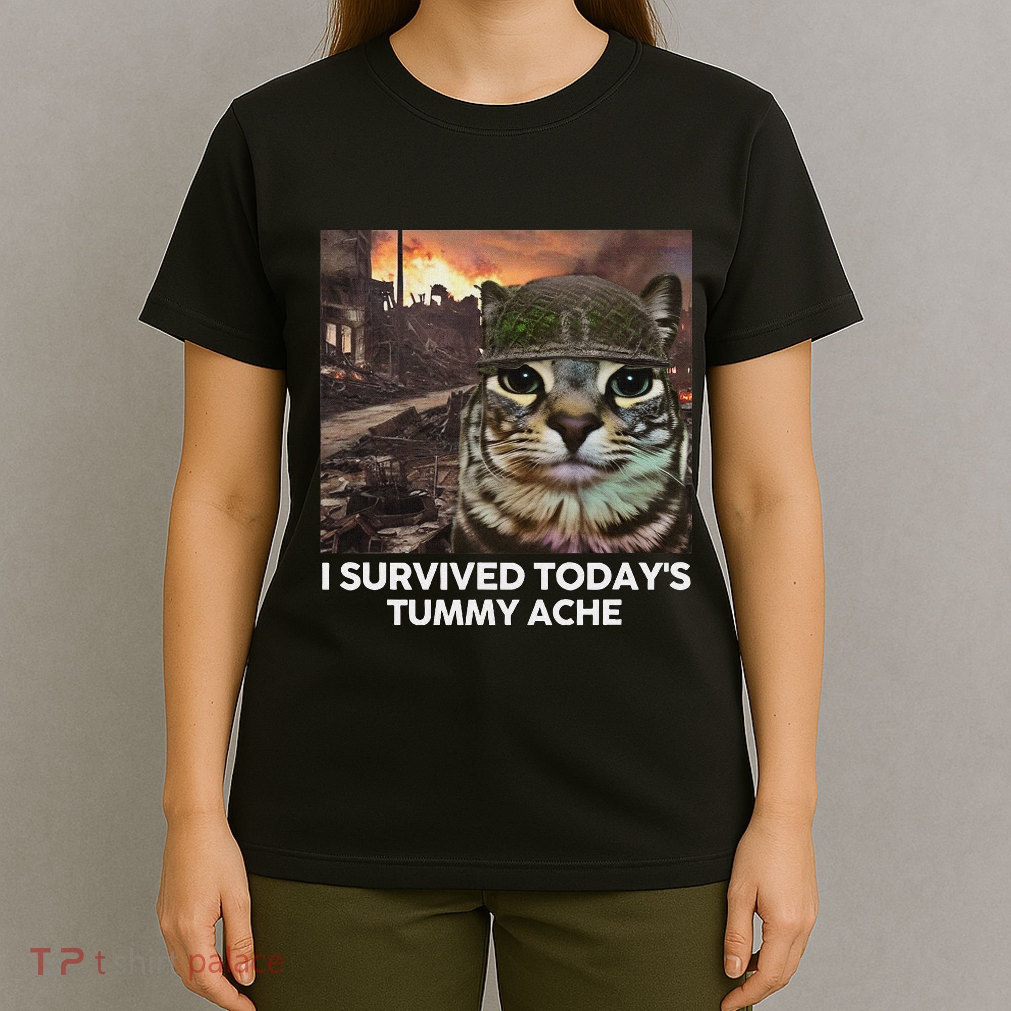 I Survived TodayS Tummy Ache Funny Cat Meme T-Shirt