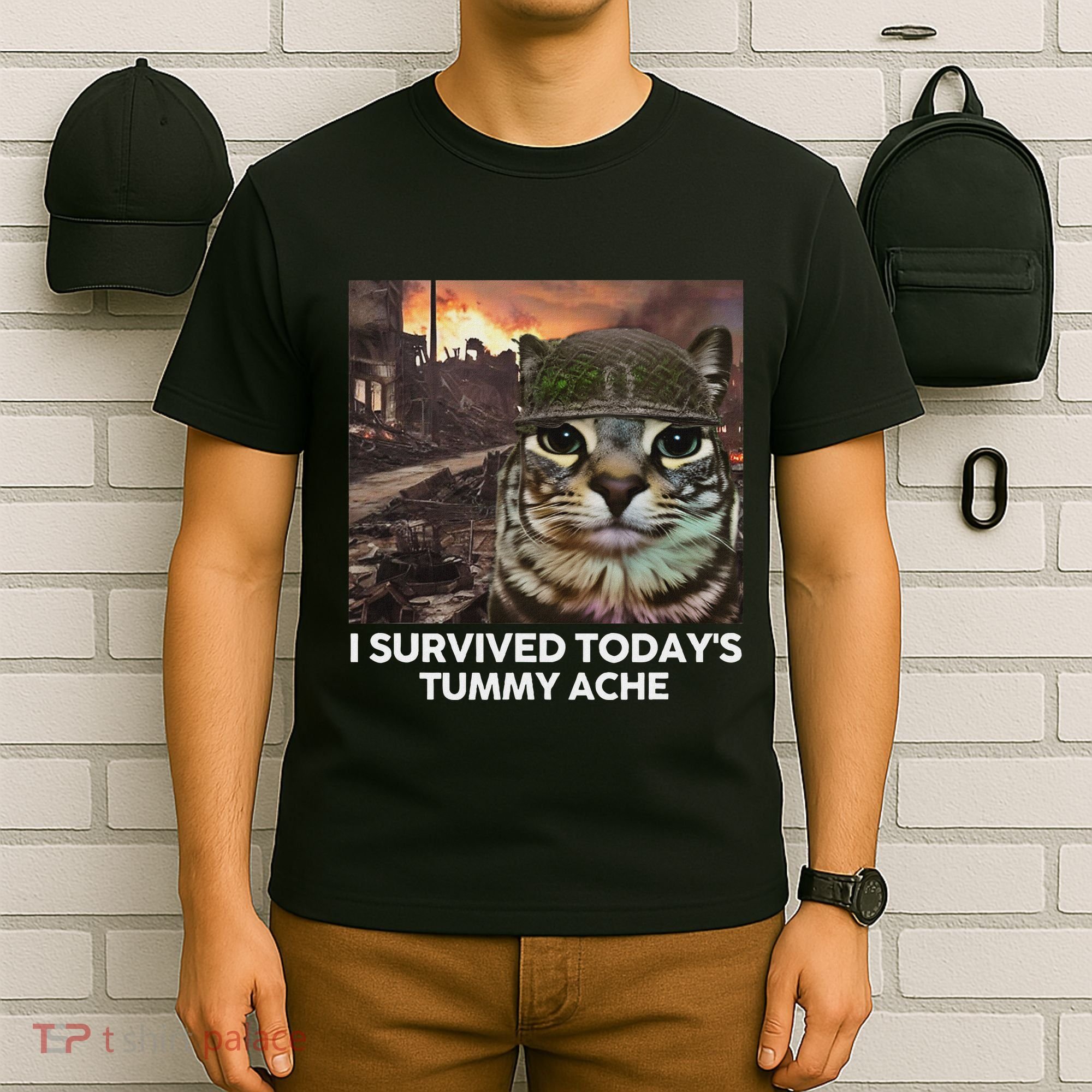 I Survived TodayS Tummy Ache Funny Cat Meme T-Shirt