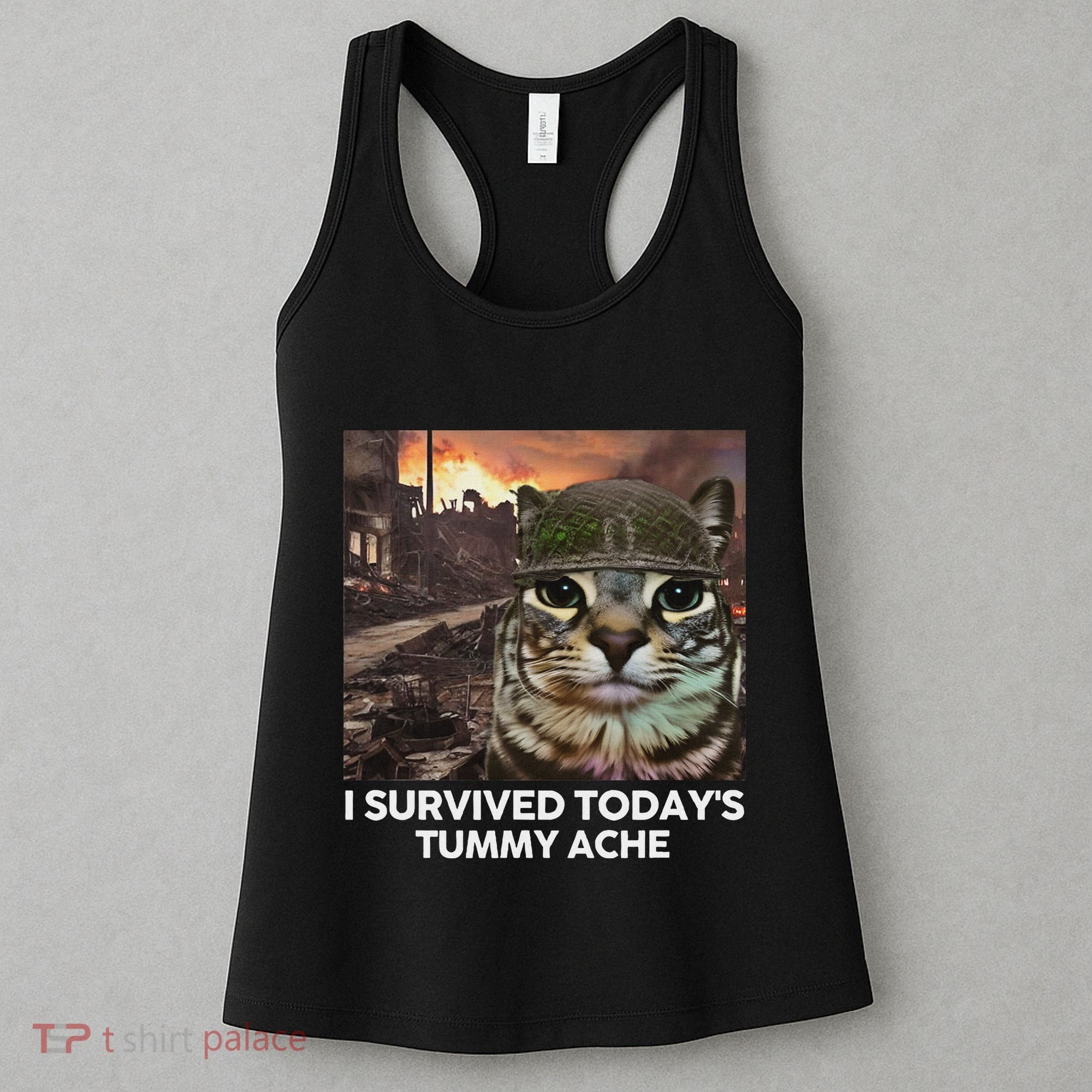 I Survived TodayS Tummy Ache Funny Cat Meme Women's Tank Top