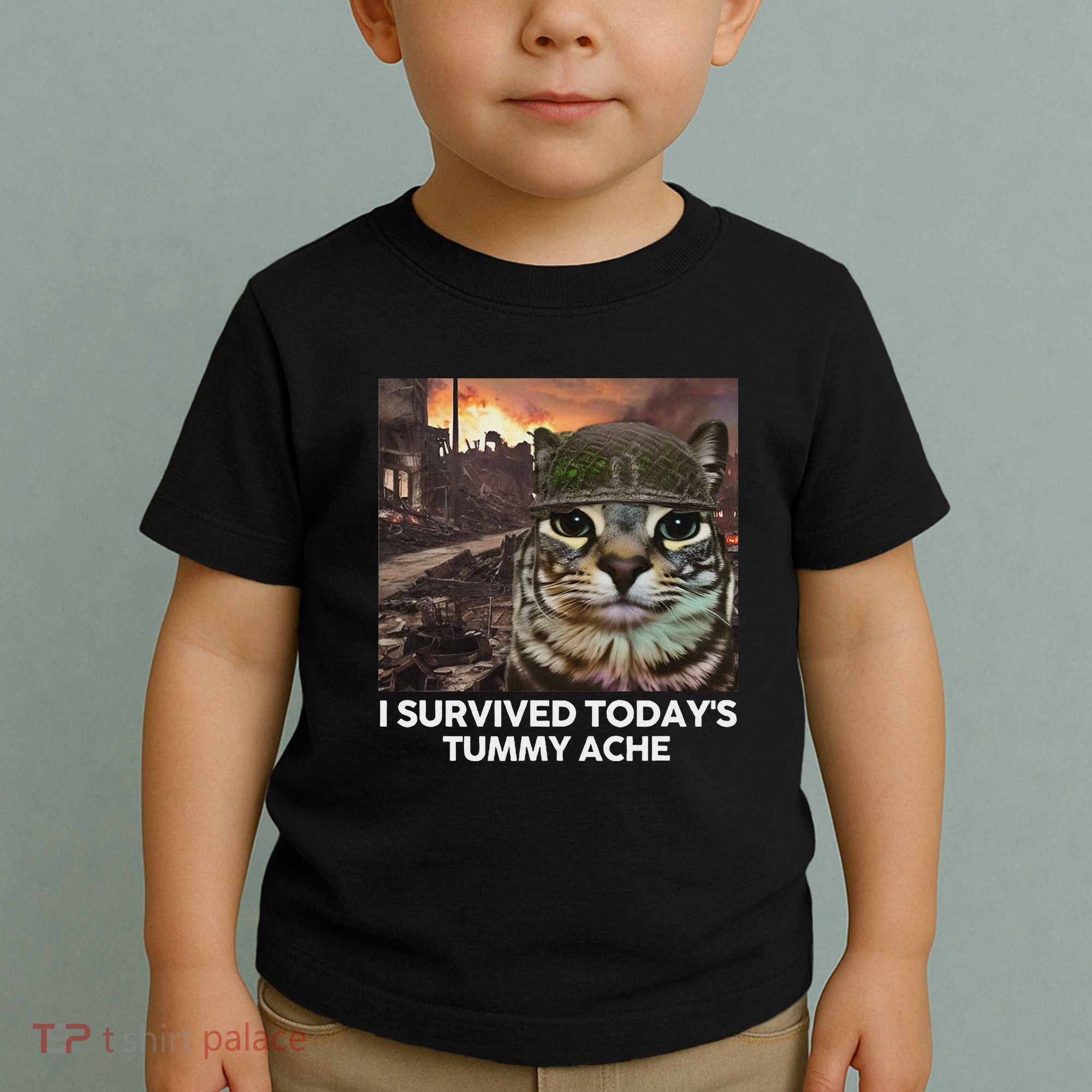 I Survived TodayS Tummy Ache Funny Cat Meme Toddler T-Shirt