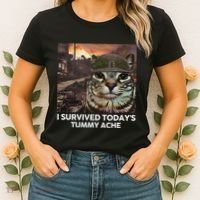I Survived TodayS Tummy Ache Funny Cat Meme Women's T-Shirt thumb 2