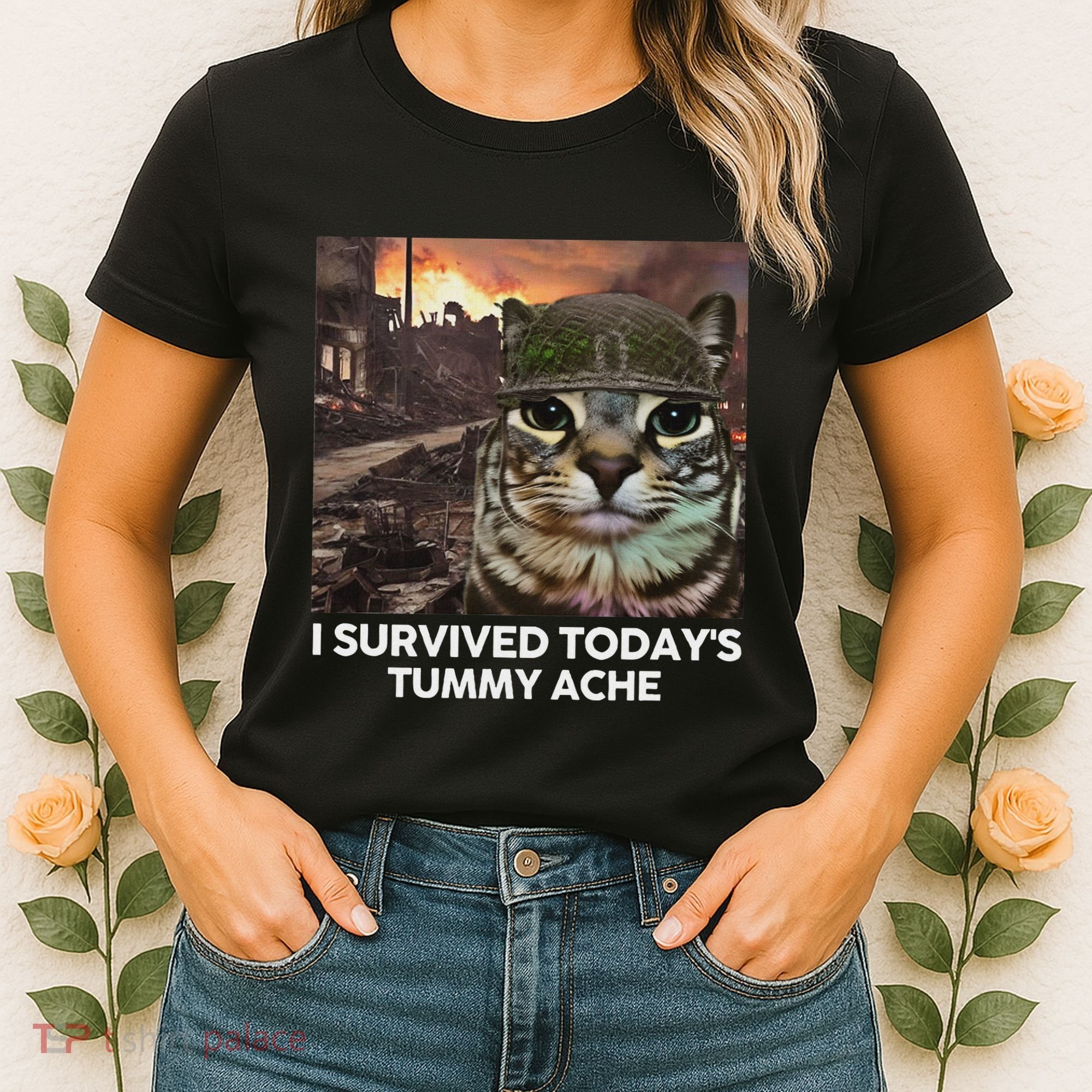 I Survived TodayS Tummy Ache Funny Cat Meme Women's T-Shirt
