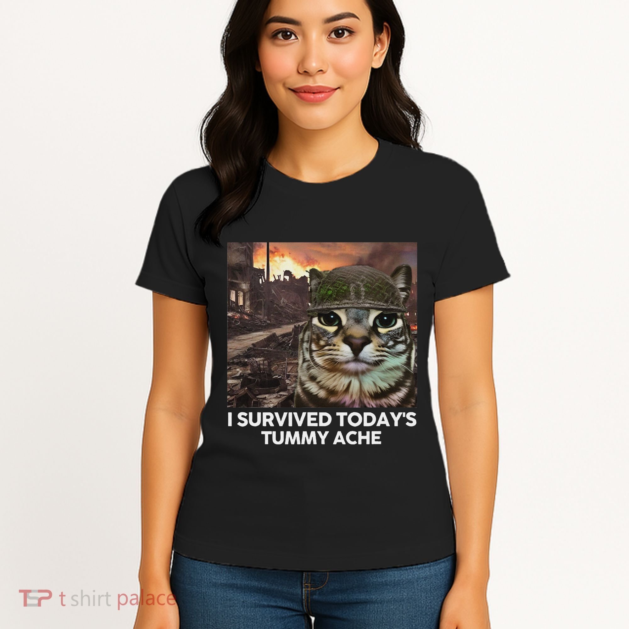 I Survived TodayS Tummy Ache Funny Cat Meme Women's T-Shirt