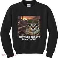 I Survived TodayS Tummy Ache Funny Cat Meme Kids Sweatshirt thumb 0