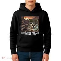I Survived TodayS Tummy Ache Funny Cat Meme Kids Hoodie thumb 4