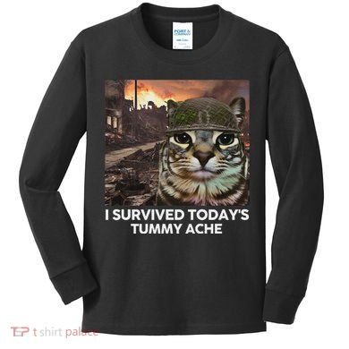 I Survived TodayS Tummy Ache Funny Cat Meme Kids Long Sleeve Shirt