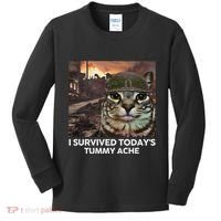 I Survived TodayS Tummy Ache Funny Cat Meme Kids Long Sleeve Shirt thumb 0