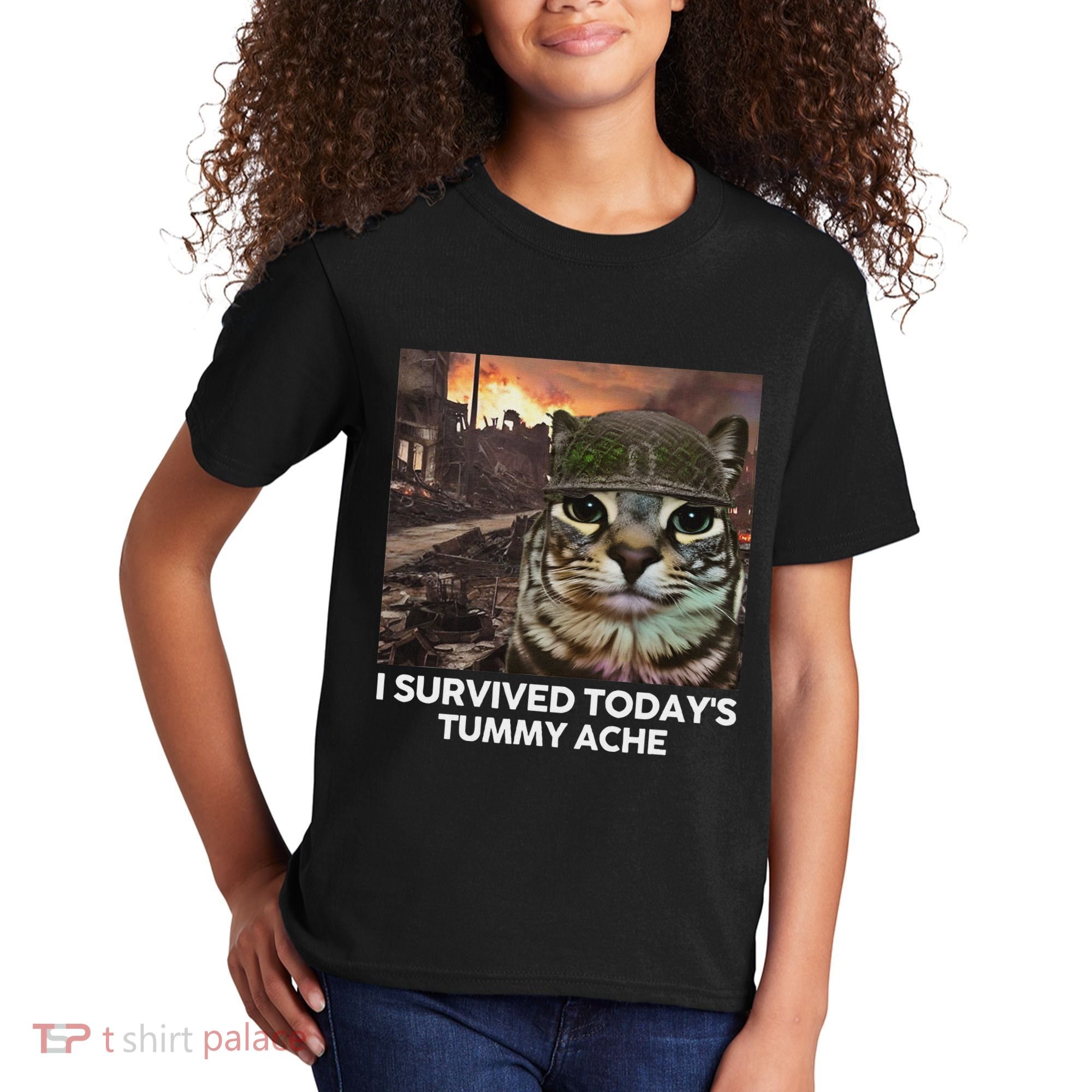 I Survived TodayS Tummy Ache Funny Cat Meme Kids T-Shirt