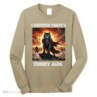 I Survived TodayS Tummy Ache Groovy Funny Cat Long Sleeve Shirt thumb 0