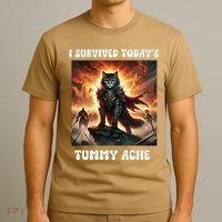 I Survived TodayS Tummy Ache Groovy Funny Cat T-Shirt thumb 3