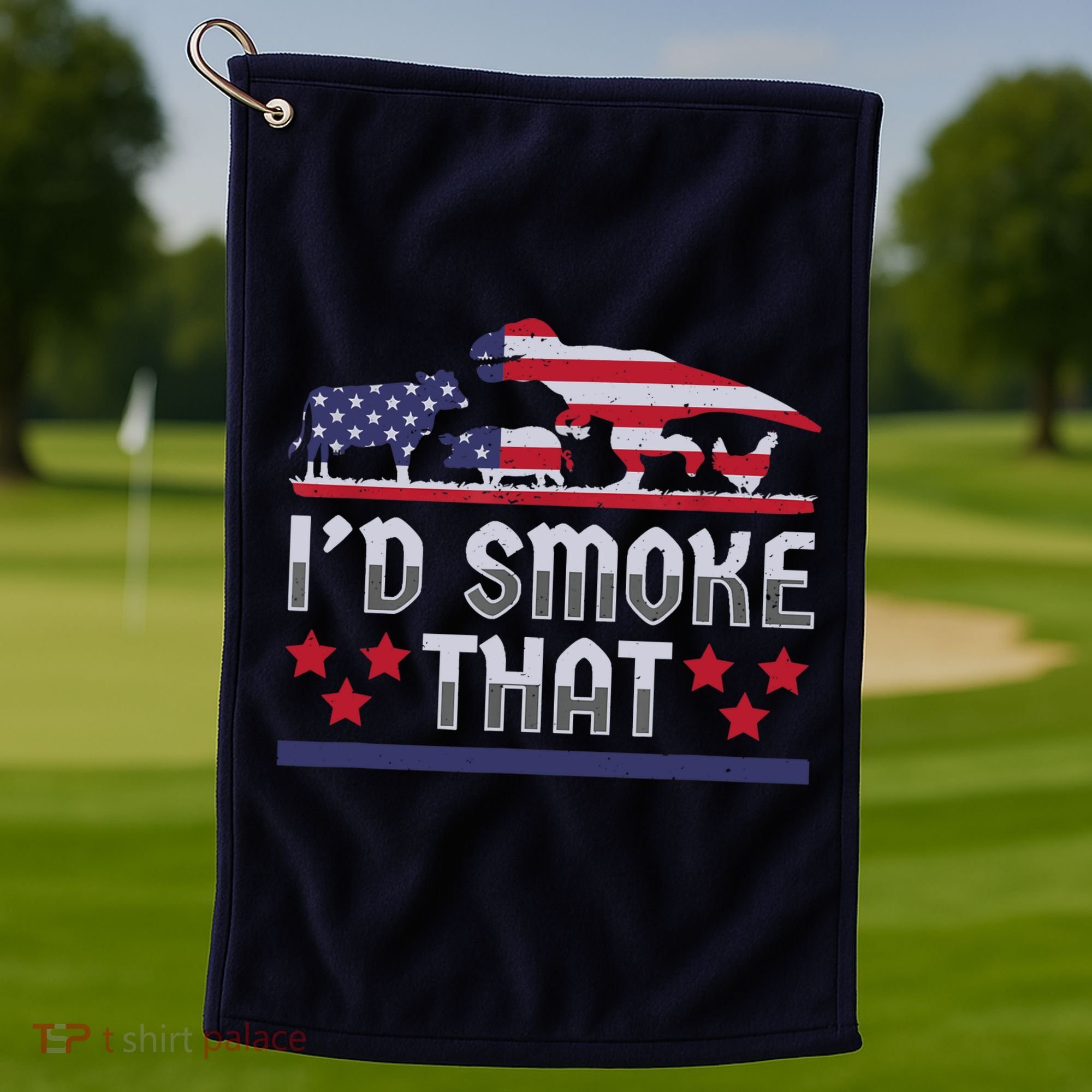 I'd Smoke That BBQ Barbeque Patriot Dinosaur T-Rexs Golf Towel