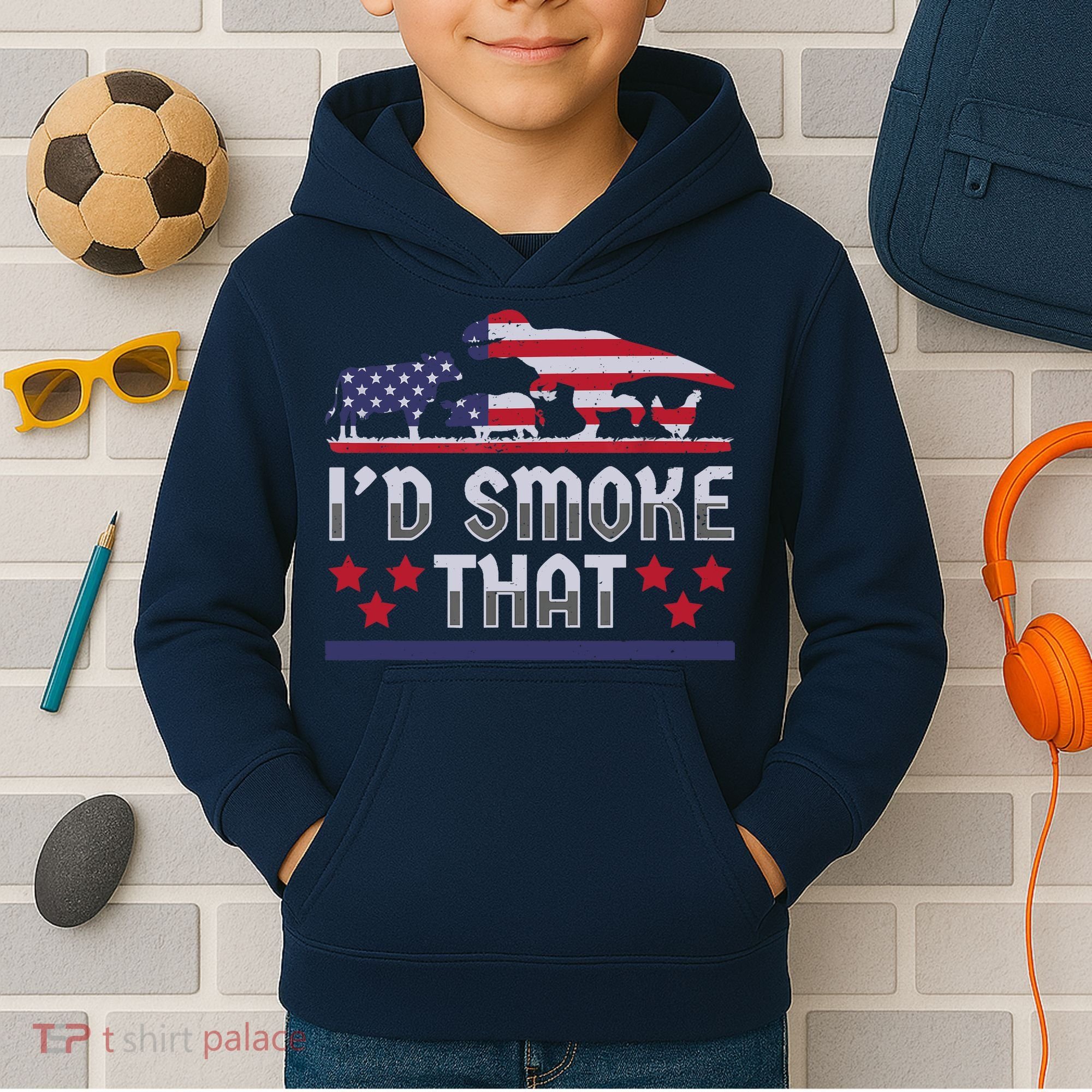 I'd Smoke That BBQ Barbeque Patriot Dinosaur T-Rexs Kids Hoodie