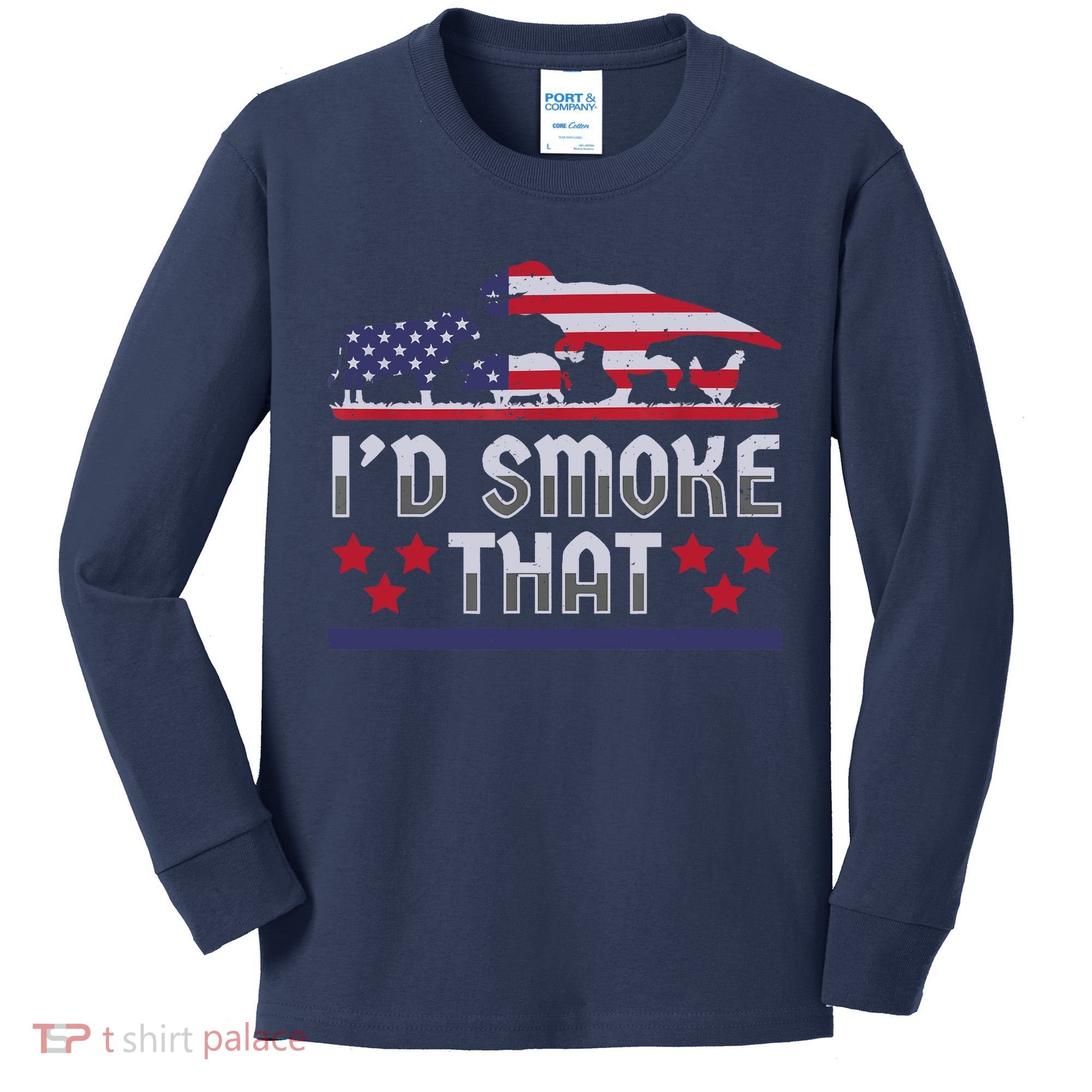 I'd Smoke That BBQ Barbeque Patriot Dinosaur T-Rexs Kids Long Sleeve Shirt