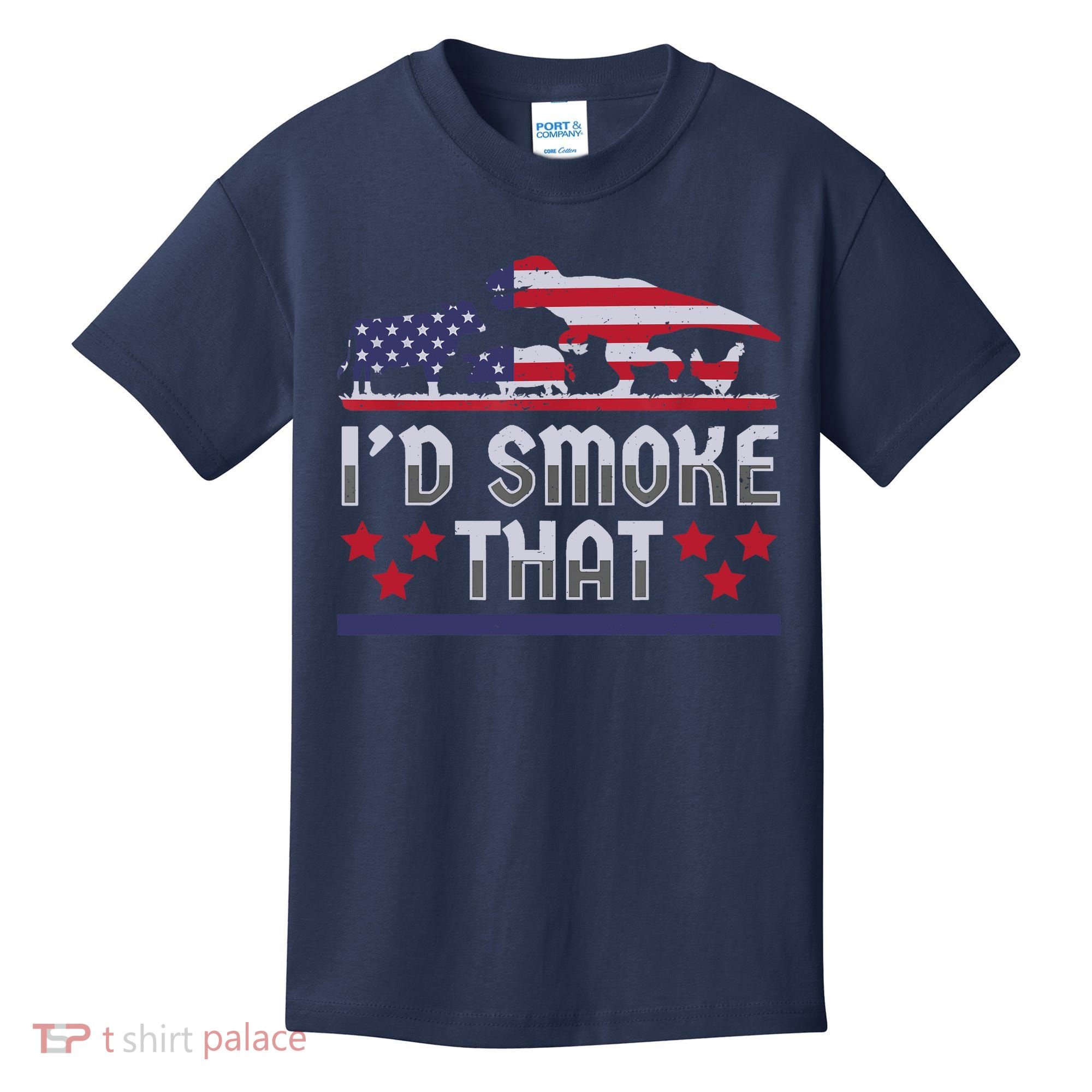 I'd Smoke That BBQ Barbeque Patriot Dinosaur T-Rexs Kids T-Shirt