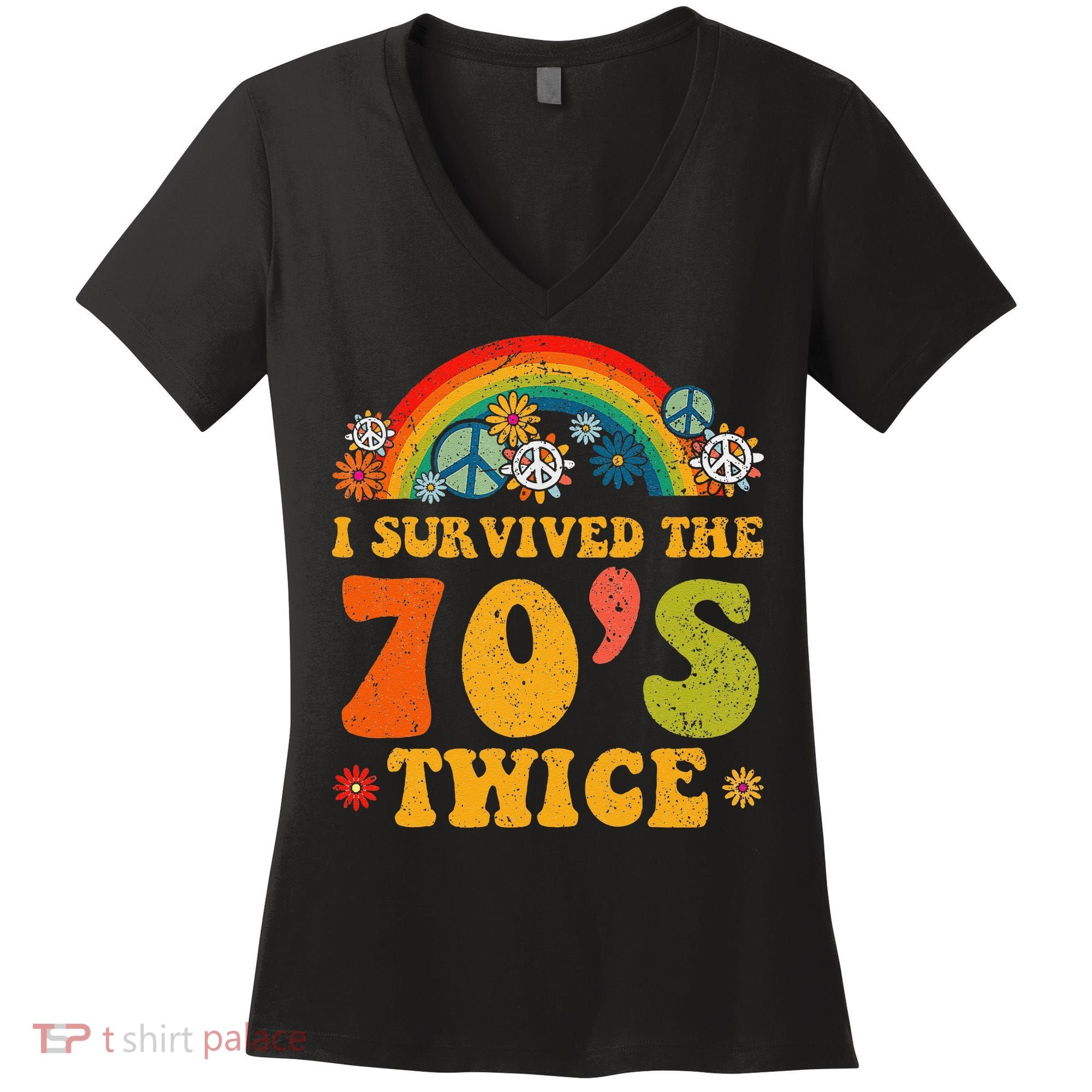 I Survived the 70s Twice Funny 90th Birthday Retro Women's V-Neck T-Shirt