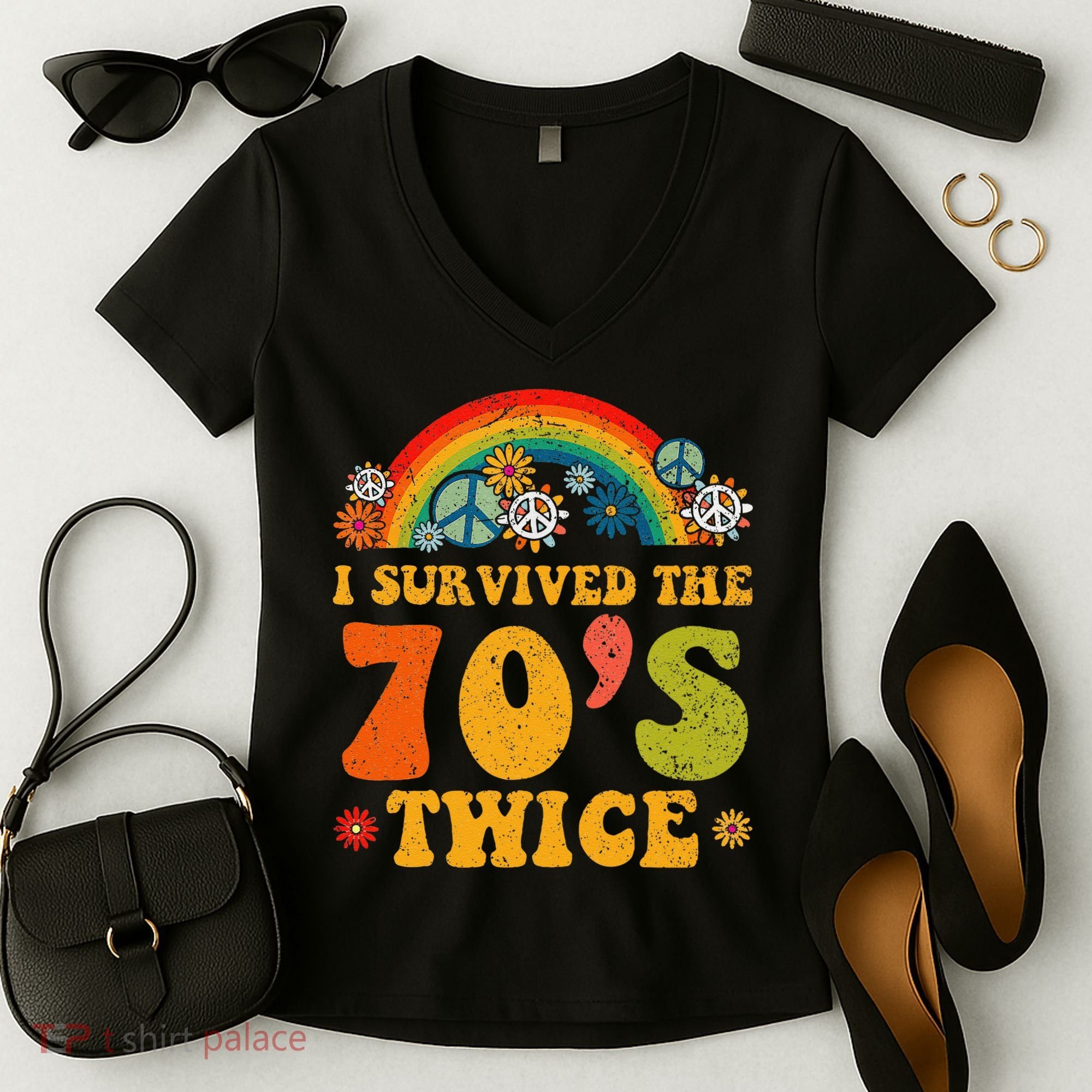 I Survived the 70s Twice Funny 90th Birthday Retro Women's V-Neck T-Shirt