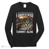 I Survived TodayS Tummy Ache Groovy Funny Cat Long Sleeve Shirt thumb 0
