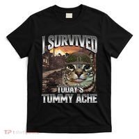 I Survived TodayS Tummy Ache Groovy Funny Cat T-Shirt thumb 0