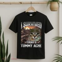 I Survived TodayS Tummy Ache Groovy Funny Cat T-Shirt thumb 2
