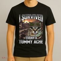 I Survived TodayS Tummy Ache Groovy Funny Cat T-Shirt thumb 3