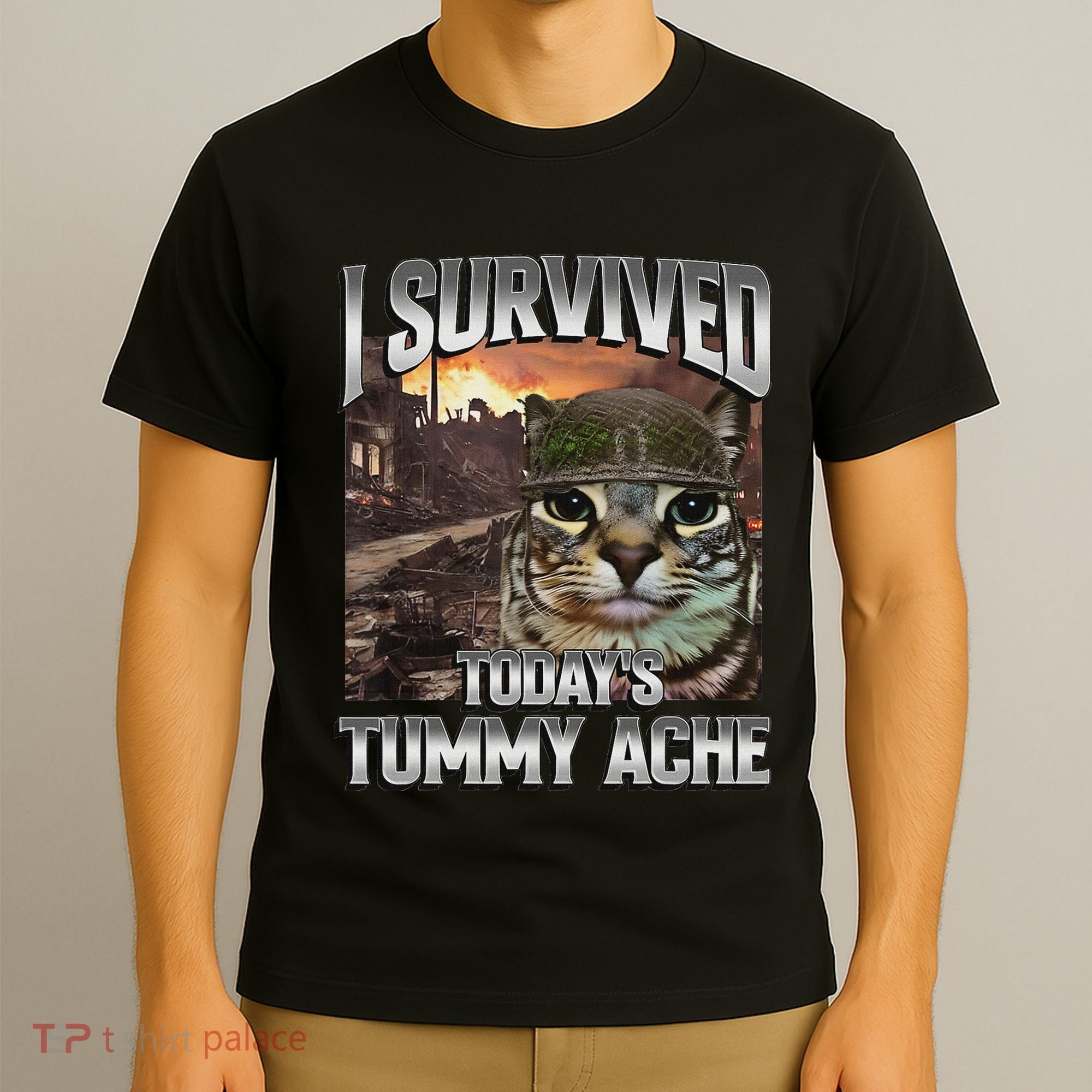 I Survived TodayS Tummy Ache Groovy Funny Cat T-Shirt