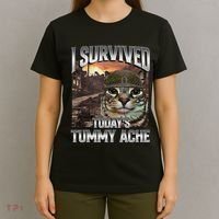 I Survived TodayS Tummy Ache Groovy Funny Cat T-Shirt thumb 4