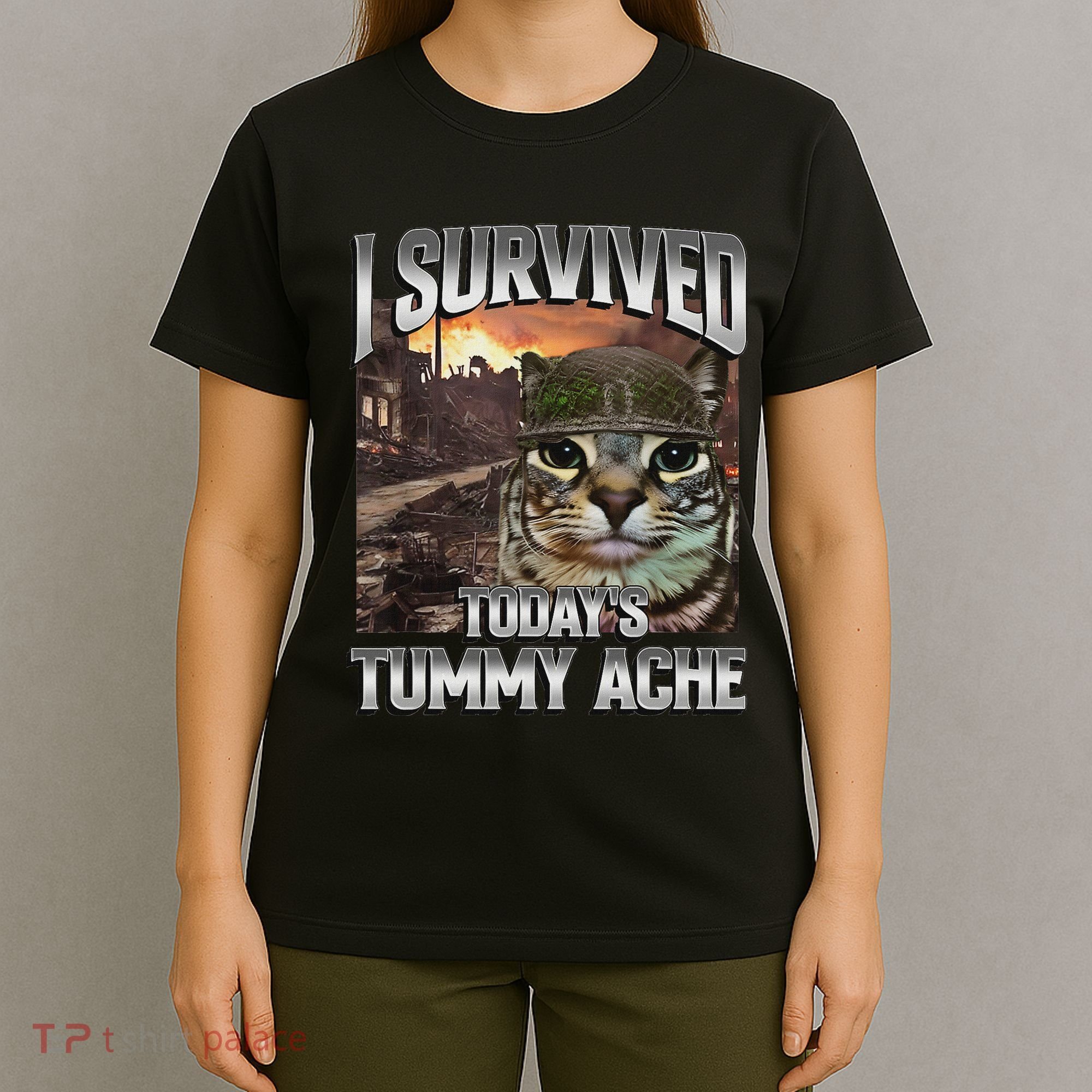 I Survived TodayS Tummy Ache Groovy Funny Cat T-Shirt