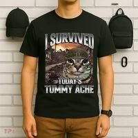 I Survived TodayS Tummy Ache Groovy Funny Cat T-Shirt thumb 6