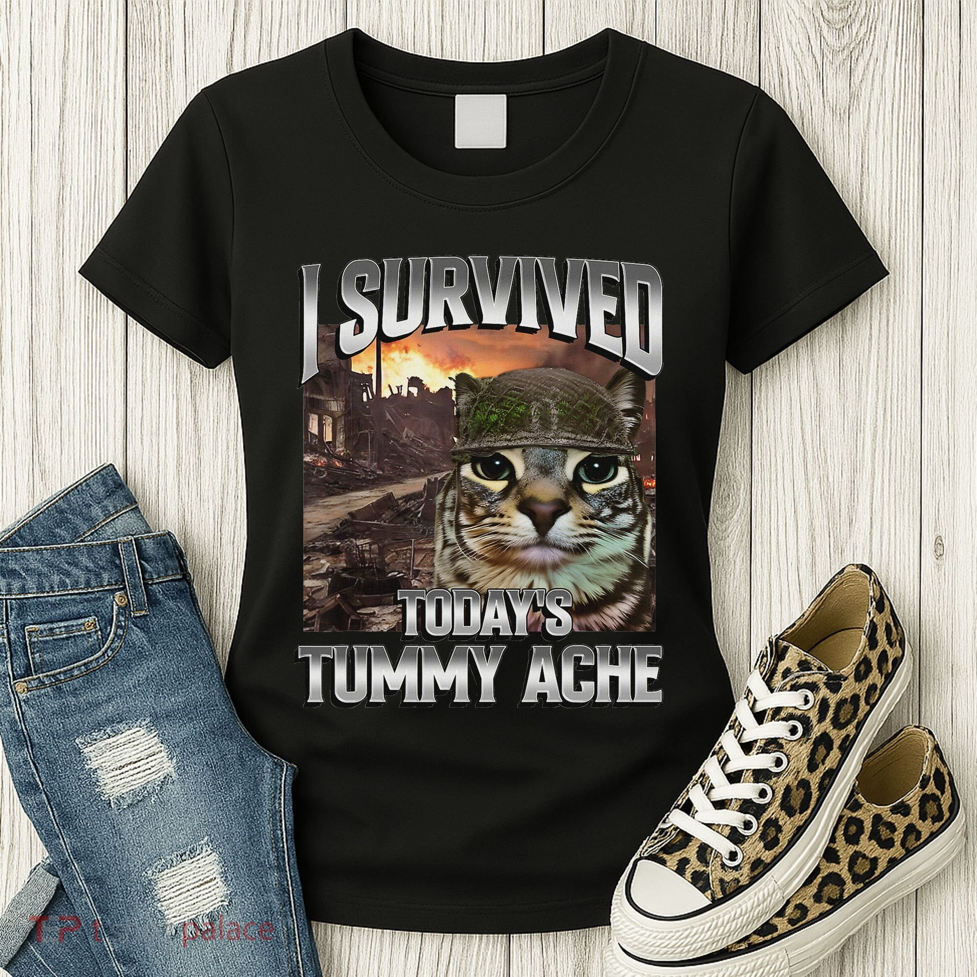 I Survived TodayS Tummy Ache Groovy Funny Cat Women's T-Shirt