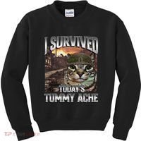 I Survived TodayS Tummy Ache Groovy Funny Cat Kids Sweatshirt thumb 0