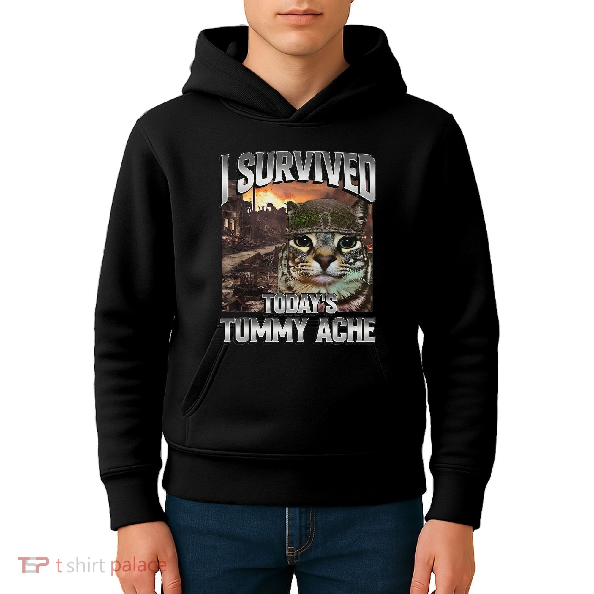 I Survived TodayS Tummy Ache Groovy Funny Cat Kids Hoodie