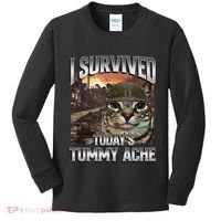 I Survived TodayS Tummy Ache Groovy Funny Cat Kids Long Sleeve Shirt thumb 0