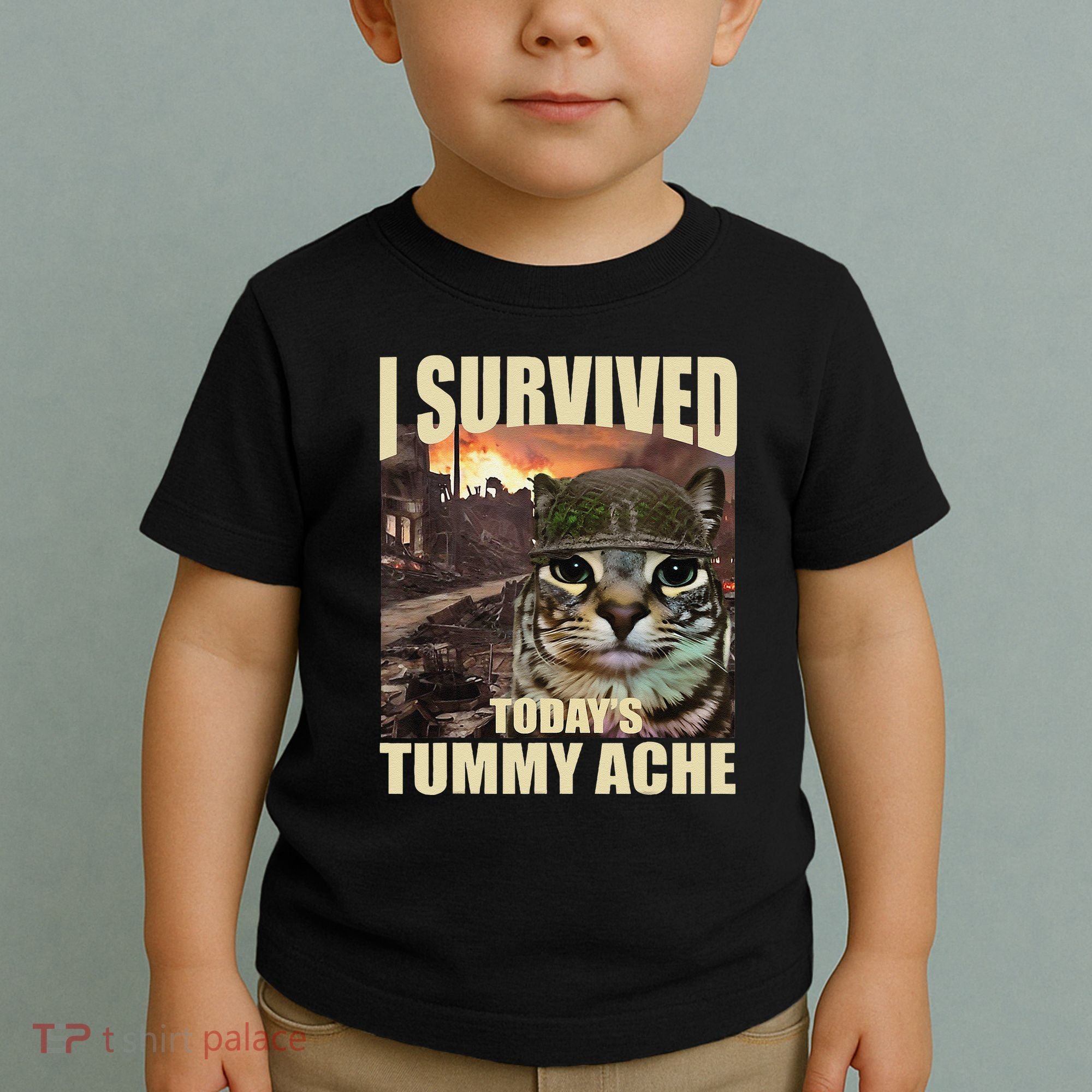 I Survived TodayS Tummy Ache Groovy Funny Cat Toddler T-Shirt