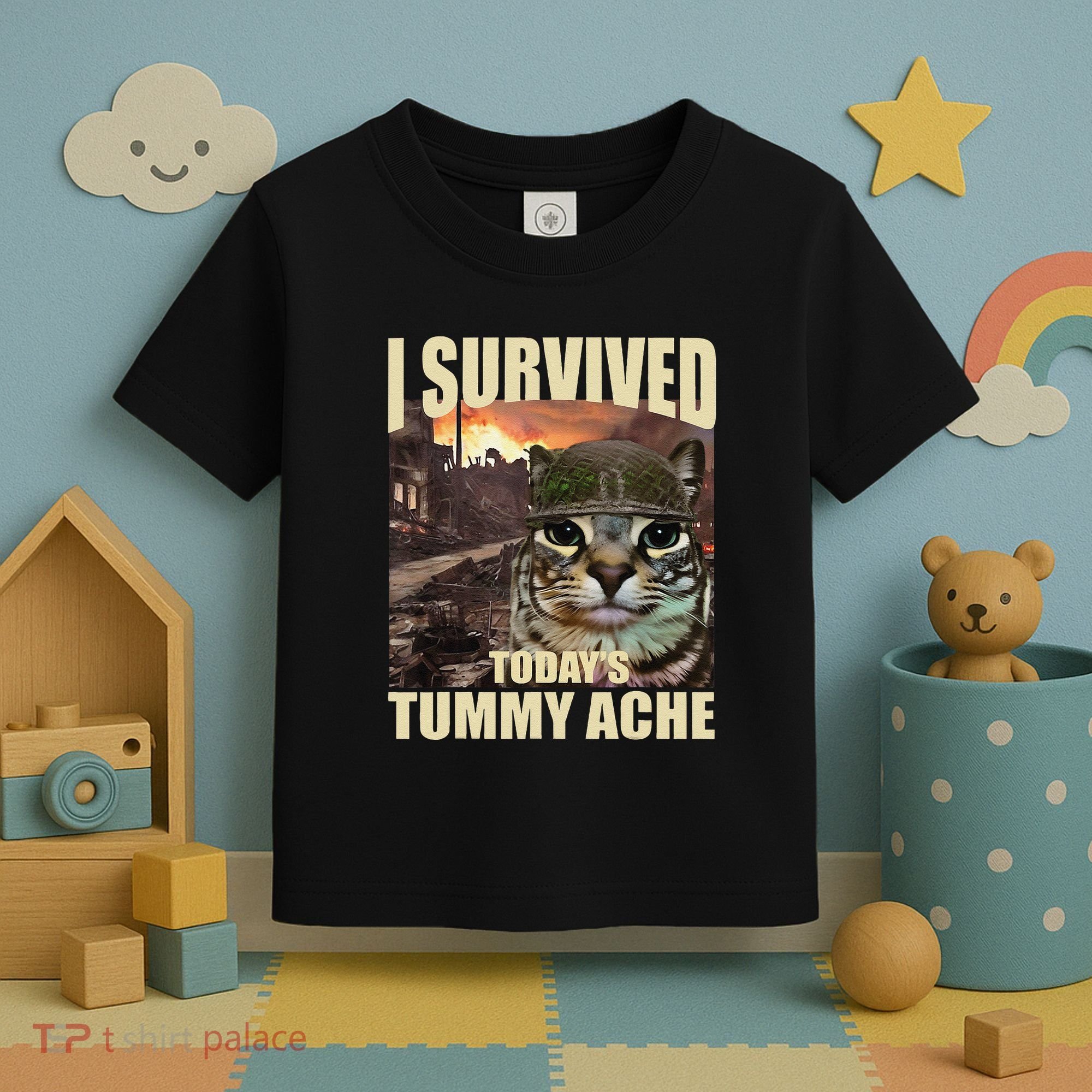 I Survived TodayS Tummy Ache Groovy Funny Cat Toddler T-Shirt